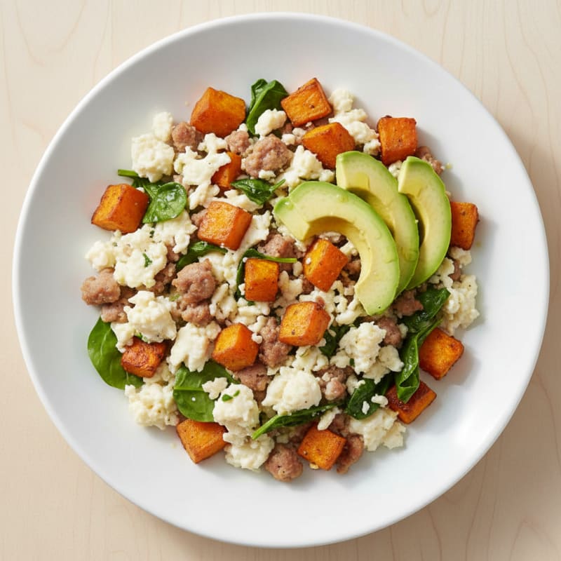 Egg White and Turkey Sausage Scramble with Roasted Sweet Potatoes