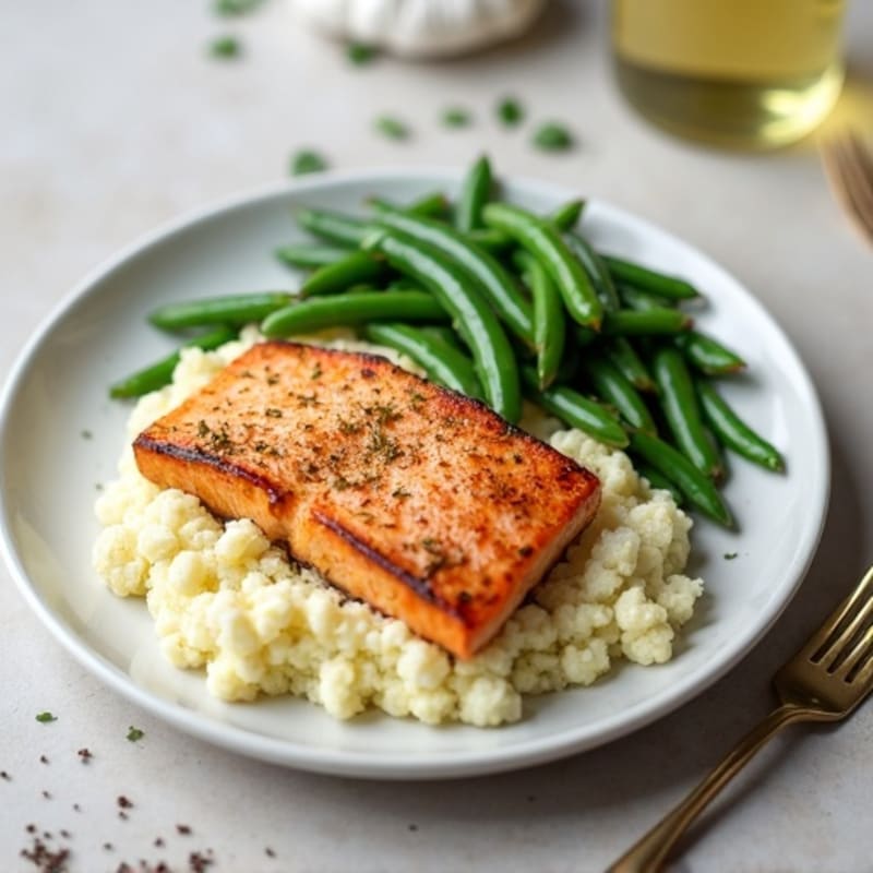 Seared Salmon with Steamed Green Beans and Garlic Cauliflower Mash