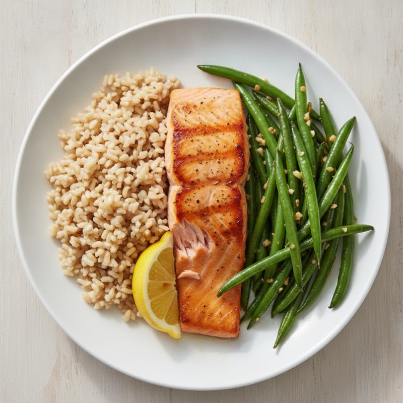 Seared Salmon with Garlic Green Beans and Brown Rice