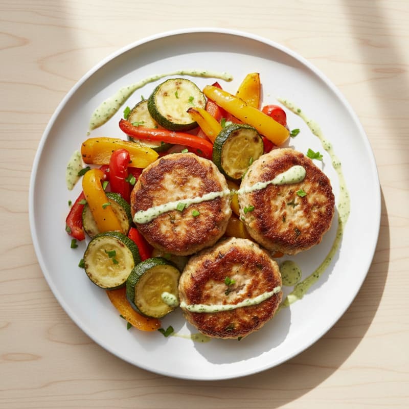 Seared Turkey Patties with Roasted Zucchini and Bell Pepper