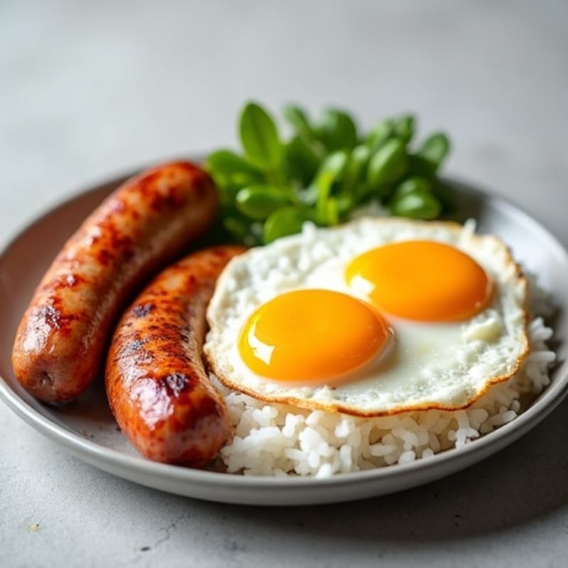 Crispy Turkey Sausage, Fried Egg, and Steamed Rice