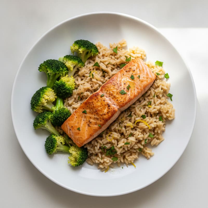 Seared Salmon with Steamed Broccoli and Lemon Herb Rice