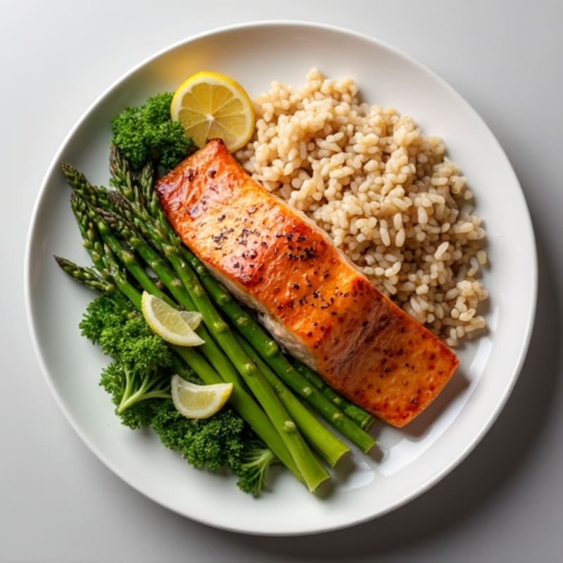 Seared Salmon Fillet with Steamed Asparagus and Brown Rice