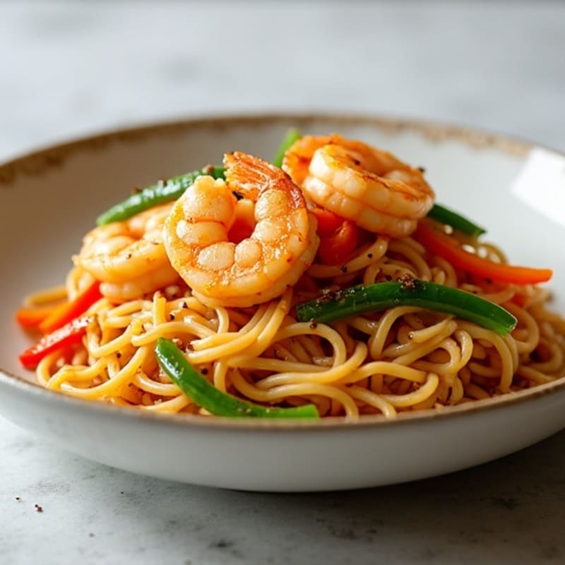 Pan-Seared Shrimp with Savory Peanut Rice Noodles and Crisp Vegetables
