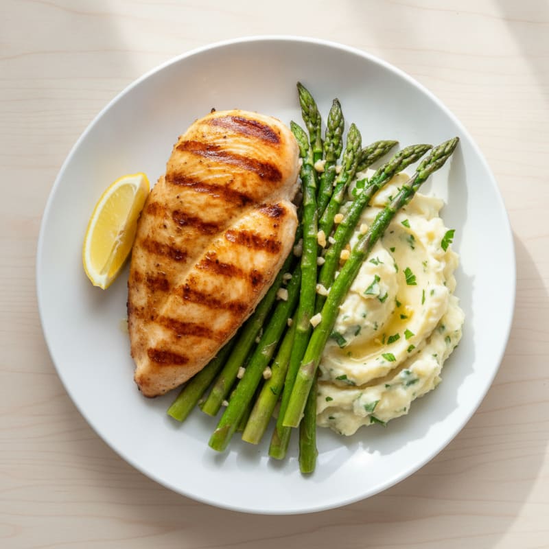 Grilled Chicken Breast with Garlic Asparagus and Herb Mashed Potatoes