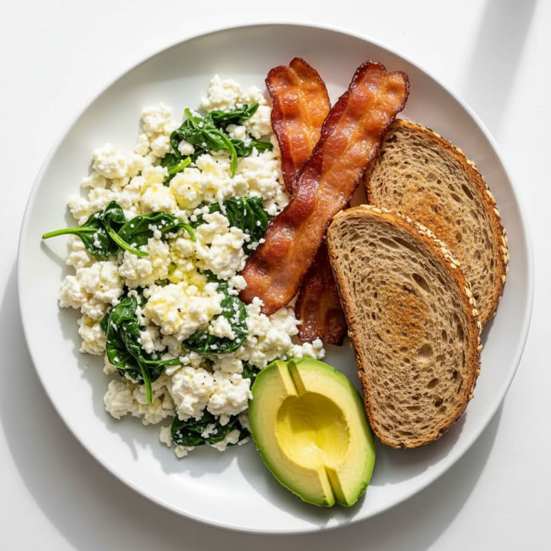 Cottage Cheese Egg White Scramble with Spinach and Turkey Bacon