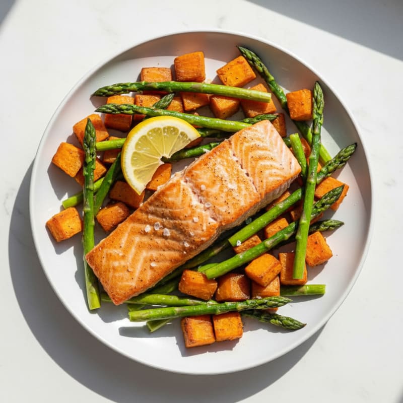 Seared Salmon with Roasted Sweet Potatoes and Asparagus
