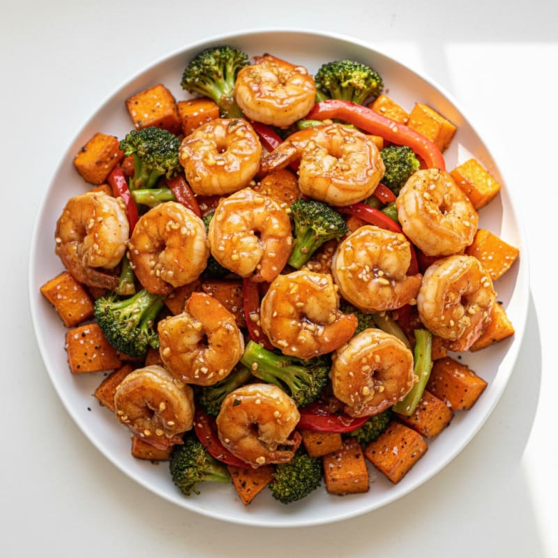 Crispy Honey-Garlic Shrimp Stir-Fry with Roasted Sweet Potatoes