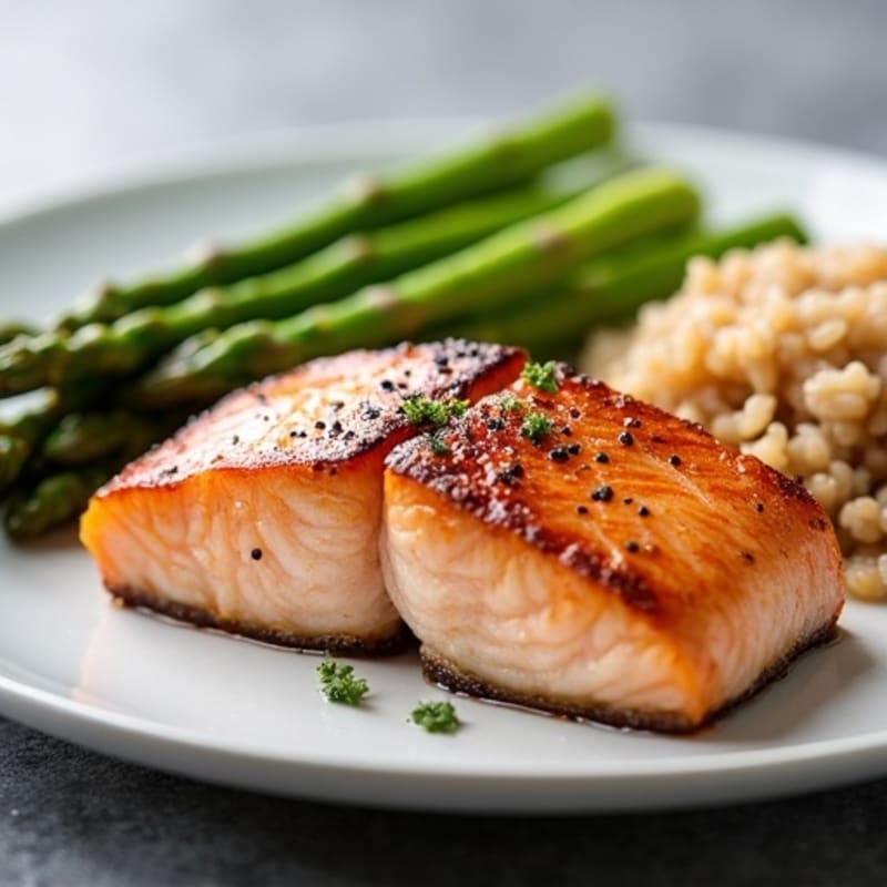 Seared Salmon with Steamed Asparagus and Brown Rice