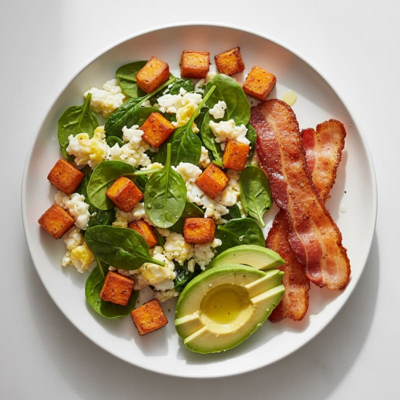 Crispy Turkey Bacon and Egg White Scramble with Sautéed Spinach