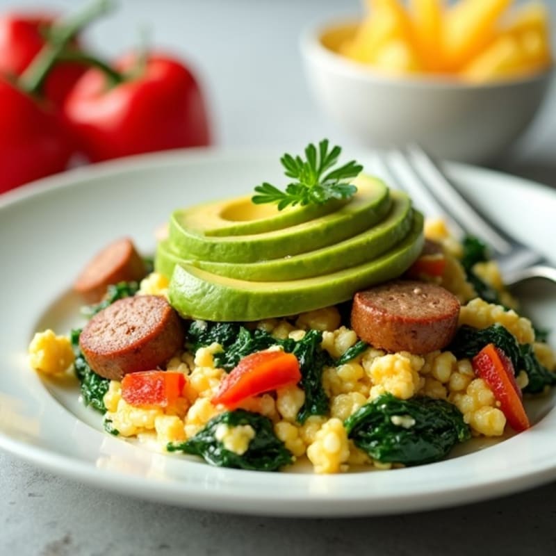 Cottage Cheese Scramble with Chicken Sausage and Sautéed Spinach