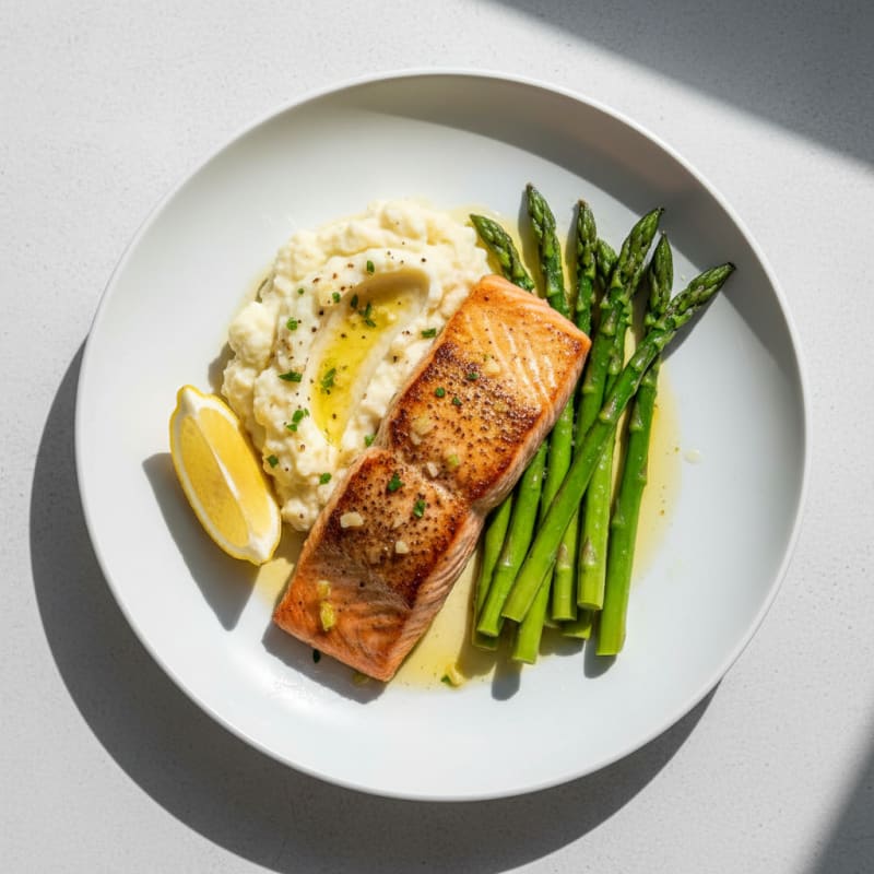 Seared Salmon with Steamed Asparagus and Garlic Mashed Cauliflower