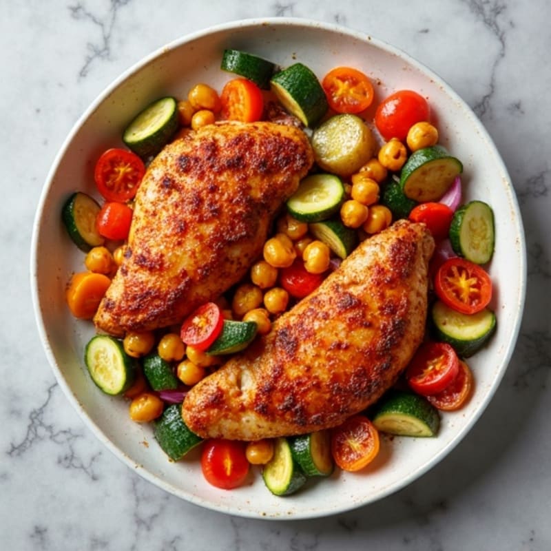Sheet Pan Harissa Chicken with Crispy Chickpeas and Roasted Vegetables