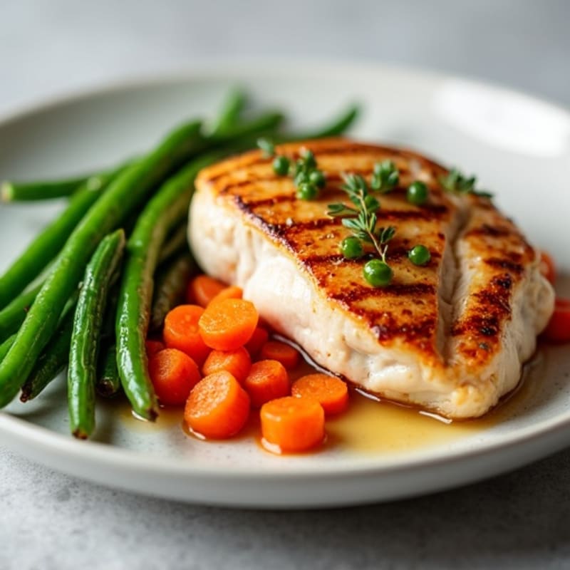 Pan-Seared Chicken Breast with Maple Glazed Carrots and Fresh Green Beans