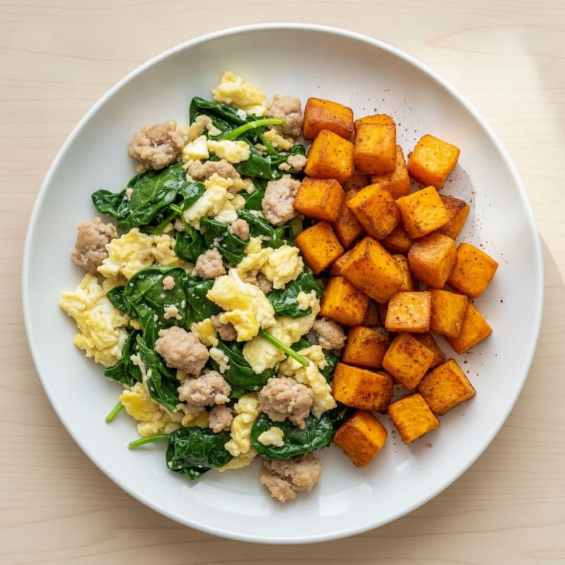 Egg White and Turkey Sausage Scramble with Spinach and Roasted Sweet Potato