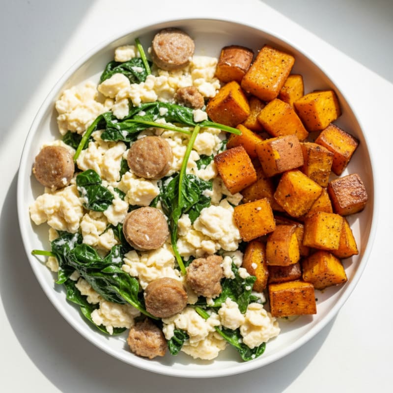 Egg White and Turkey Sausage Scramble with Spinach and Roasted Sweet Potato