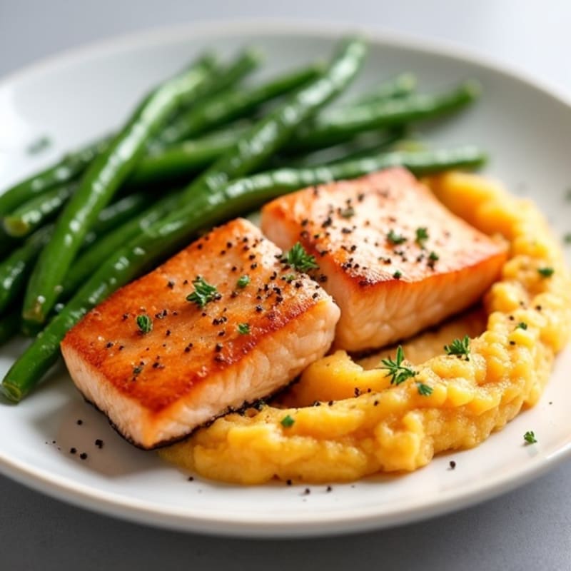Seared Salmon with Garlic Green Beans and Sweet Potato Mash