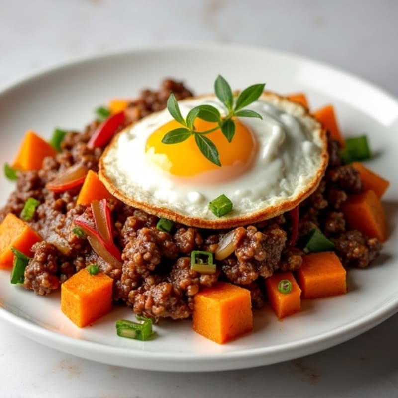 Lean Ground Beef and Sweet Potato Hash with a Sunny-Side Up Egg and Tangy Greek Yogurt