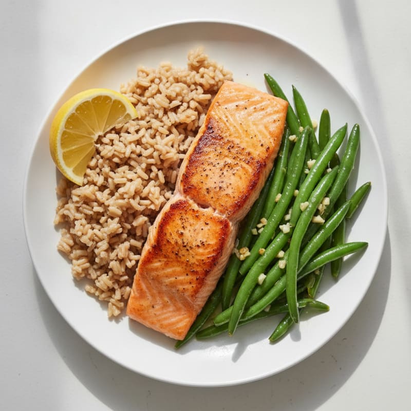 Seared Salmon with Garlic Green Beans and Steamed Brown Rice