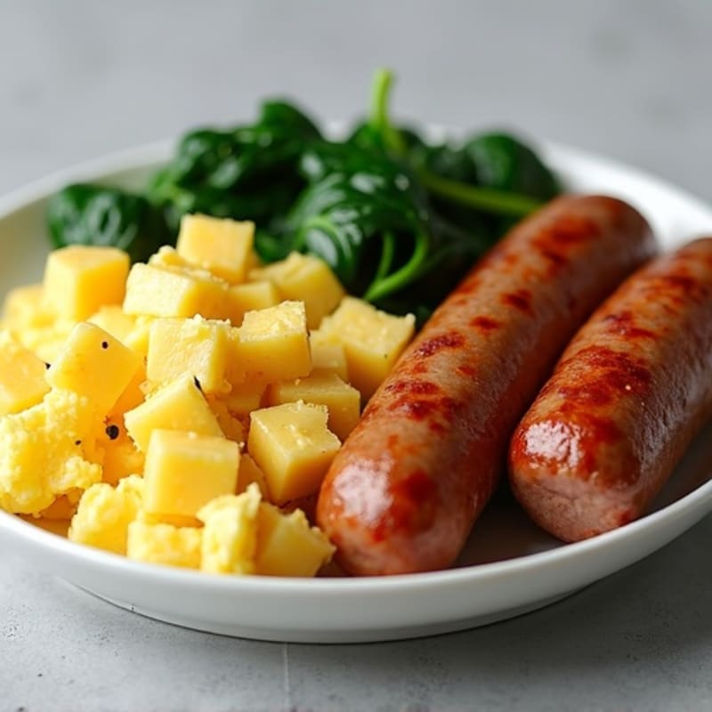 Scrambled Egg Whites with Turkey Sausage and Sautéed Spinach, Red Potato Medley