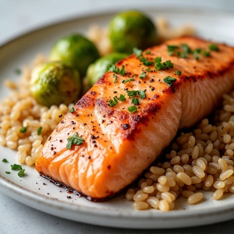 Seared Salmon Fillet with Brown Rice and Roasted Brussels Sprouts