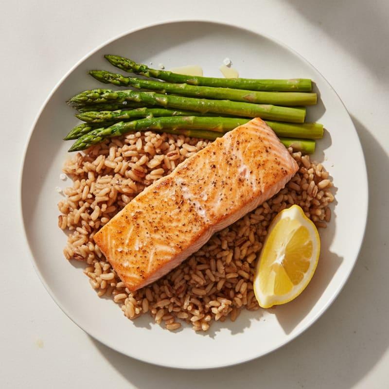 Seared Salmon with Steamed Asparagus and Brown Rice