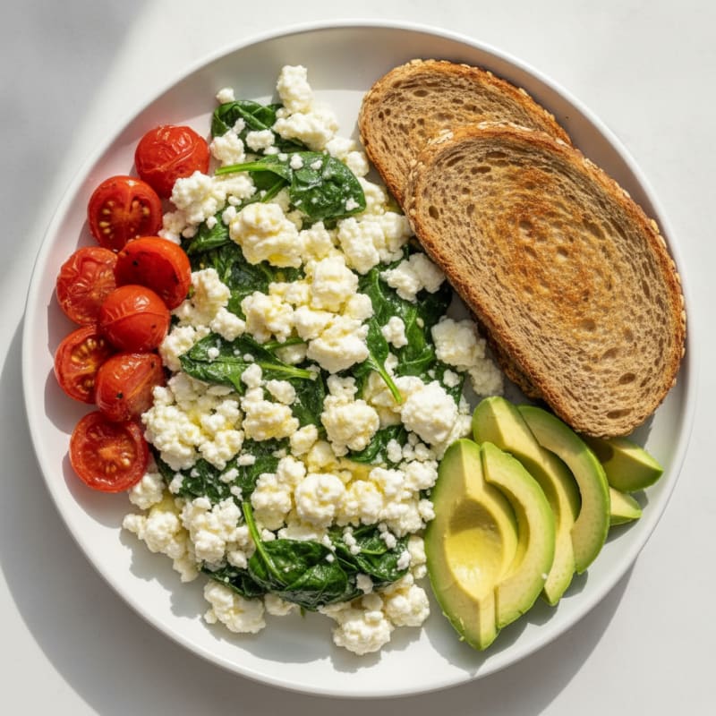 Cottage Cheese Egg White Scramble with Sautéed Spinach and Cherry Tomatoes