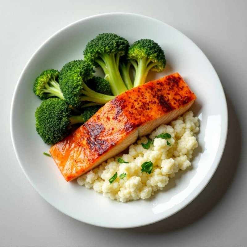 Seared Salmon with Roasted Broccoli and Garlic Mashed Cauliflower