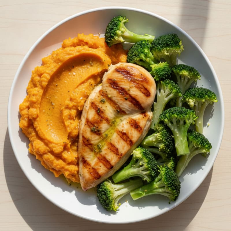Grilled Chicken Breast with Steamed Broccoli and Sweet Potato Mash