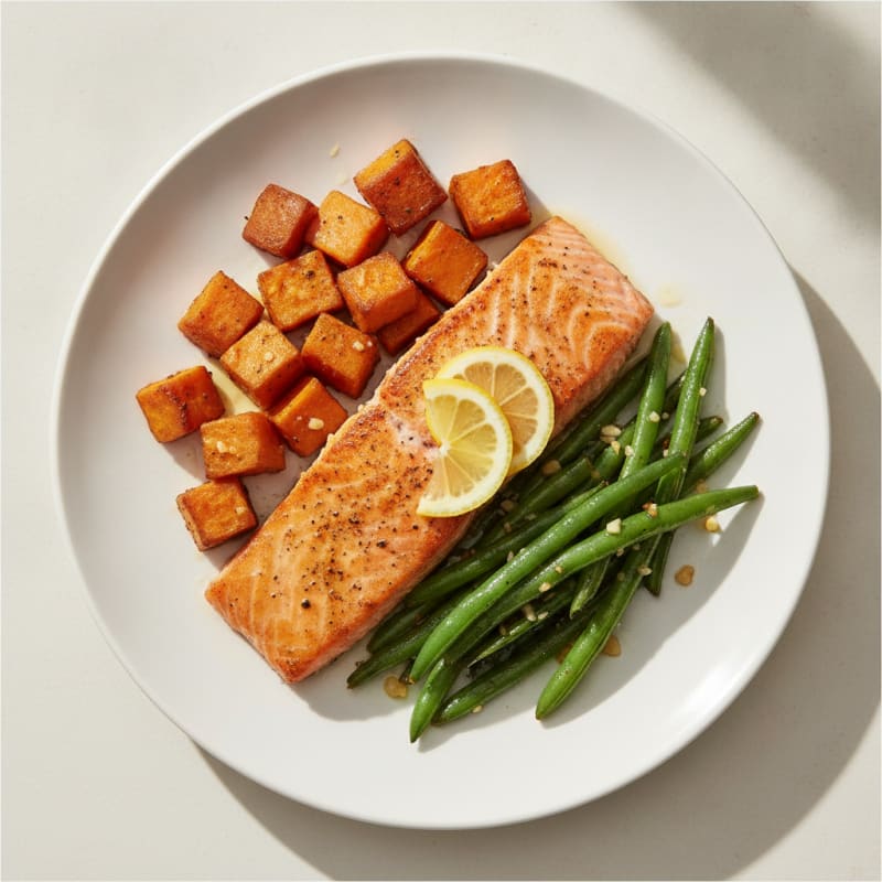 Seared Salmon Fillet with Roasted Sweet Potatoes and Green Beans