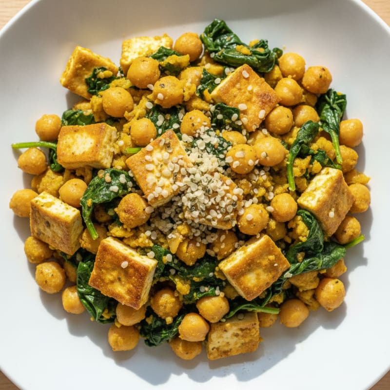 Silky Tofu and Chickpea Scramble with Spinach