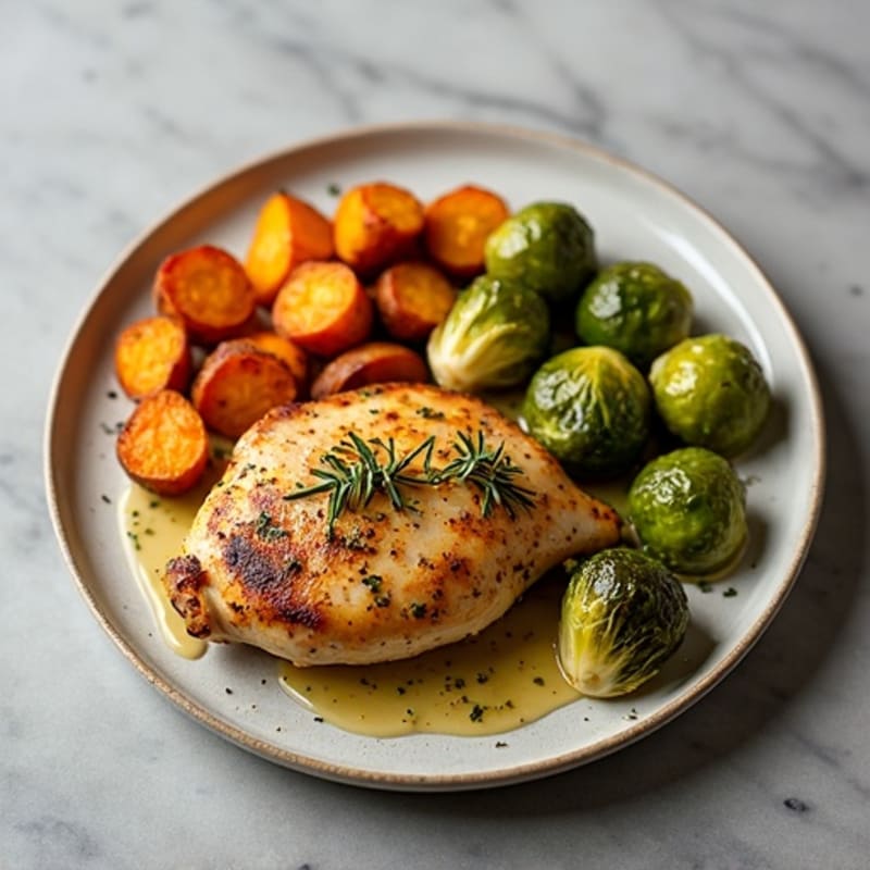 Herb-Roasted Chicken with Crispy Brussels Sprouts and Sweet Potato