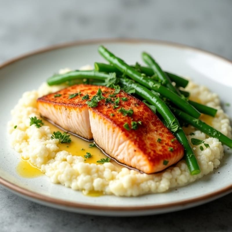 Seared Salmon with Steamed Green Beans and Cauliflower Mash