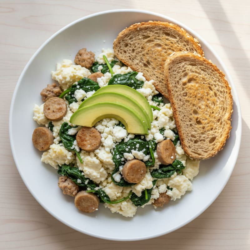 Egg White Scramble with Turkey Sausage and Sautéed Spinach
