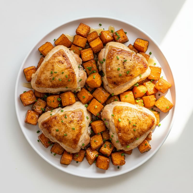 Crispy Chicken Thighs with Garlic Roasted Sweet Potatoes