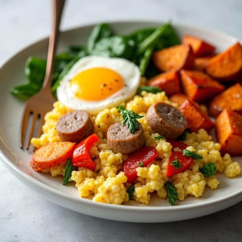 Egg White and Turkey Sausage Scramble with Roasted Sweet Potatoes