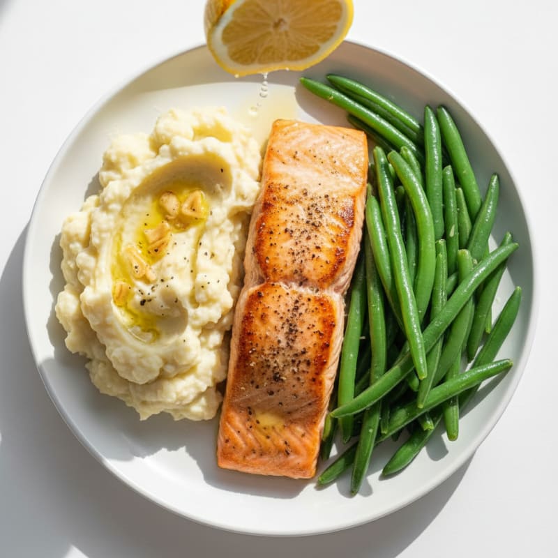 Seared Salmon with Steamed Green Beans and Garlic Mashed Cauliflower