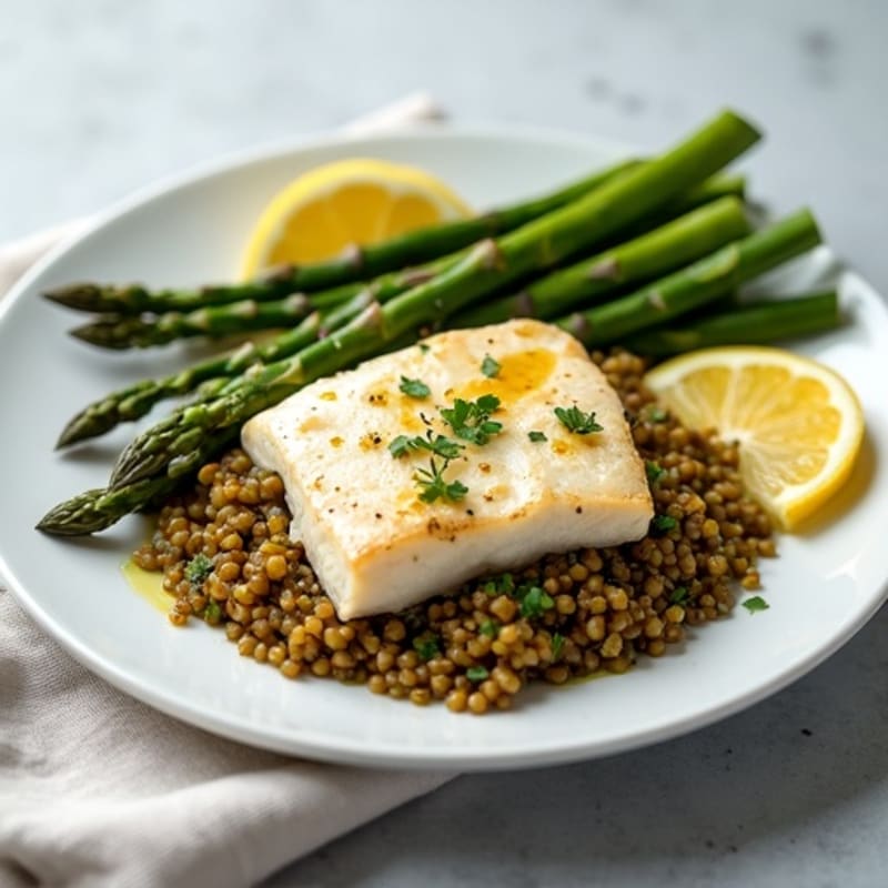 Baked White Fish with Roasted Asparagus and Lentil Mash