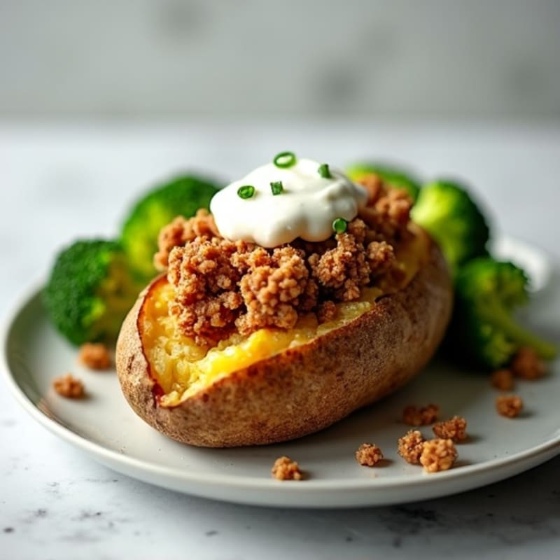Crispy Baked Potato with Savory Ground Turkey, Steamed Broccoli, and Creamy Greek Yogurt
