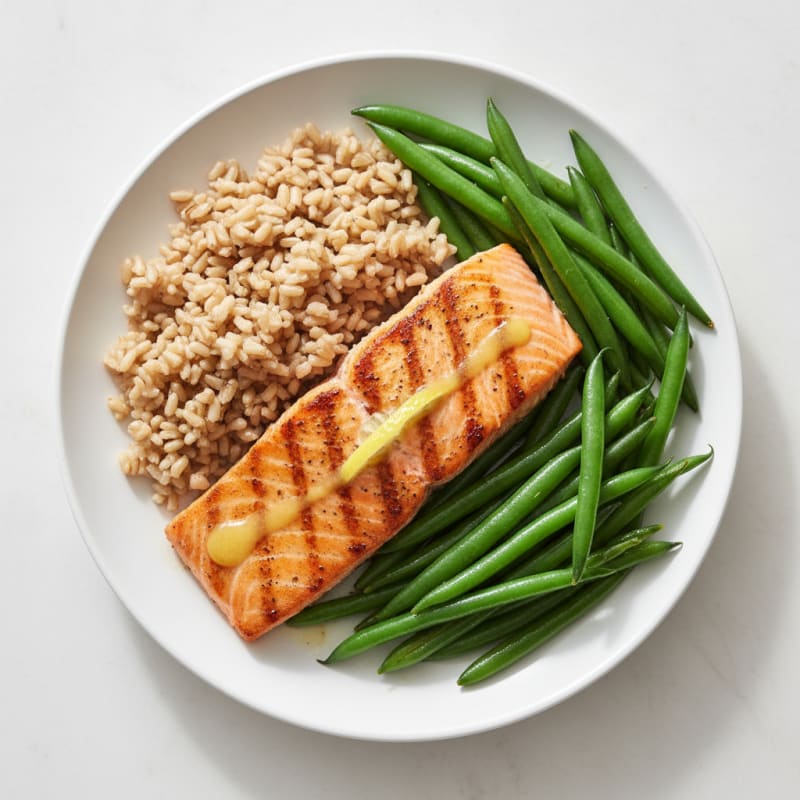 Seared Salmon with Steamed Green Beans and Brown Rice