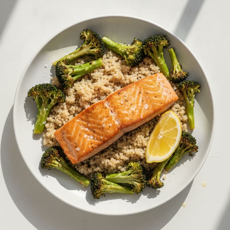Seared Salmon with Quinoa and Roasted Broccoli