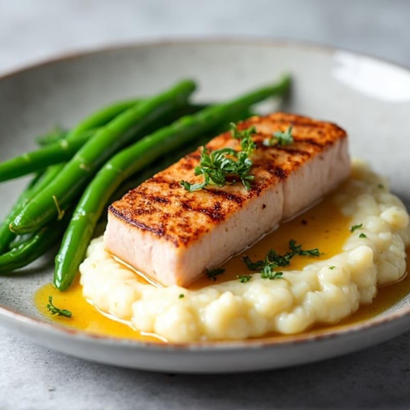 Seared Tuna Steak with Steamed Green Beans and Cauliflower Mash