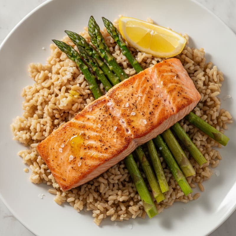 Seared Salmon Fillet with Roasted Asparagus and Brown Rice