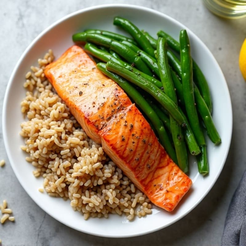 Seared Salmon with Garlic Green Beans and Brown Rice