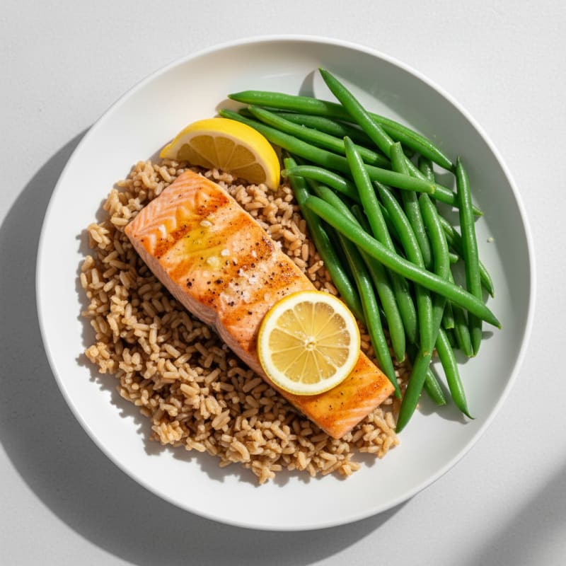 Seared Salmon Fillet with Steamed Green Beans and Brown Rice