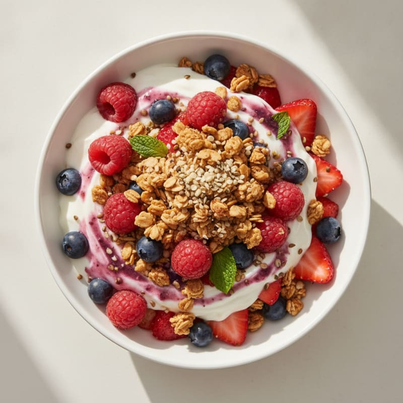 Greek Yogurt Parfait with Crunchy Almond Granola and Mixed Berries