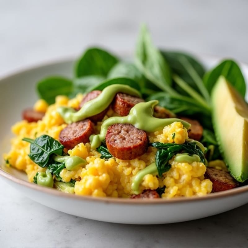 Egg White Scramble with Spinach and Turkey Sausage with Avocado Drizzle