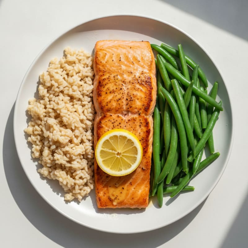 Seared Salmon with Steamed Green Beans and Brown Rice