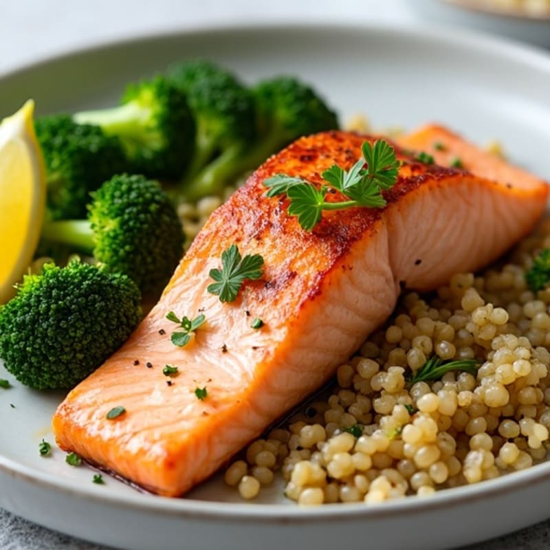 Seared Salmon with Roasted Broccoli and Quinoa
