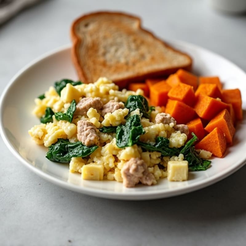 Egg White and Turkey Spinach Scramble with Roasted Sweet Potato